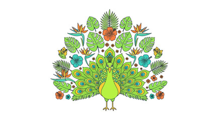 Vibrant Peacock Illustration with Tropical Leaves and Flowers © Arif