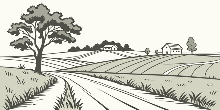 A drawing of a tree on a farm with a barn in the background Vector