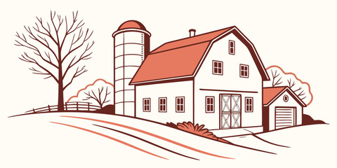 A red and white farm with a silo and a tree Vector © MST NASIMA KHATUM