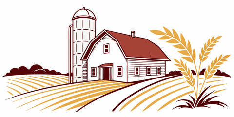 A white barn with a red roof and silo next to a wheat field Vector © MST NASIMA KHATUM