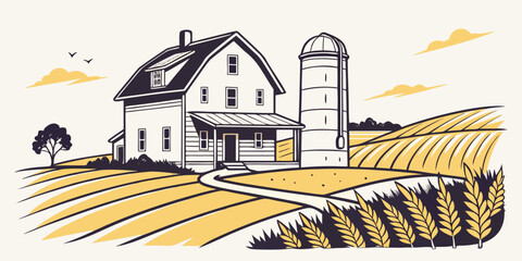 A white farmhouse with a silo and fields of crops Vector © MST NASIMA KHATUM