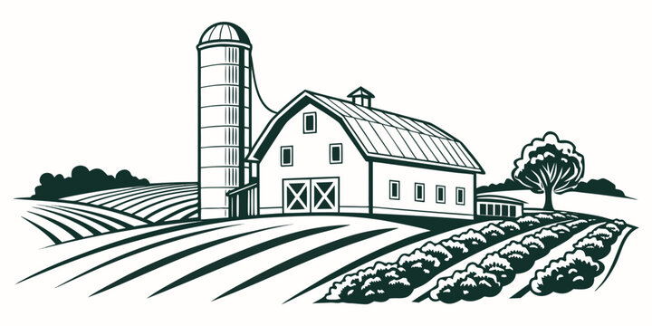 A farm with a barn and silo Vector