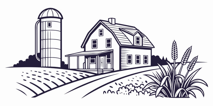 A farm with a house and a silo Vector