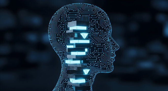 Human head silhouette made of circuitry with glowing blocks stacked inside brain