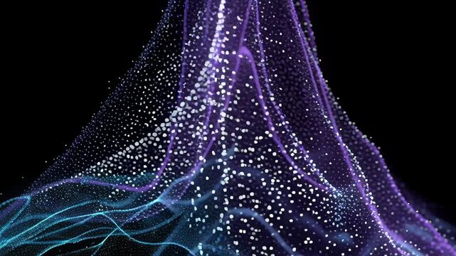 A giant luminous wave made of purple and electric blue fractal patterns sweeping across a dark black background. The wave structure integrates machine learning graph lines and quantum waveform 