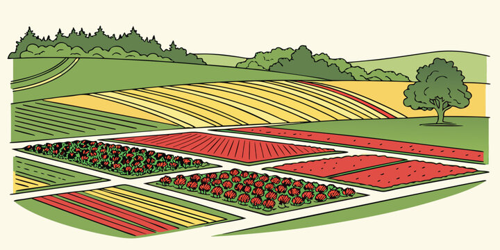 A colorful illustration of a garden with multiple plots of land Vector