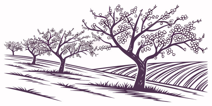 A purple sketch of trees in a field with rows of crops Vector