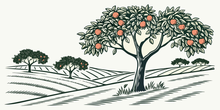 A tree with oranges in an orchard Vector