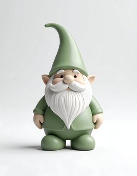 Green Garden Gnome Statue with Pointed Hat and White Beard.