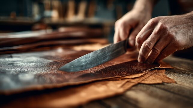 A leather craftsman cutting natural leather sheet.