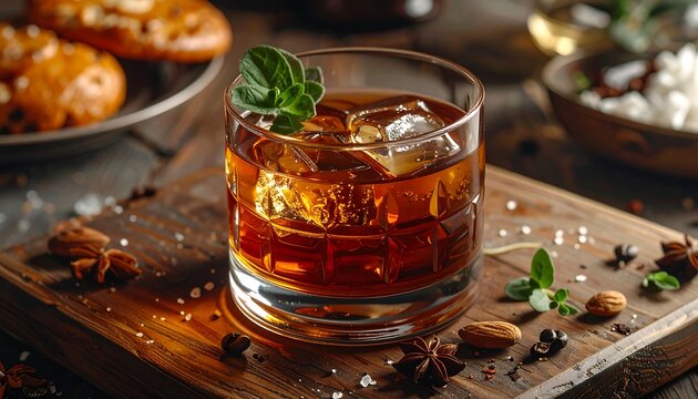 Close-up of a refreshing beverage in a rocks glass with ice and a sprig garnish. Served with snacks on a wooden surface