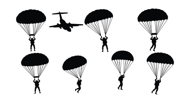 Silhouettes of skydivers and an airplane against a white background
