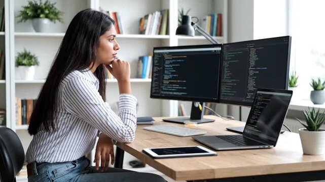 Focused Indian Female Software Developer Analyzing Code on Multiple Monitors in Modern Office Environment