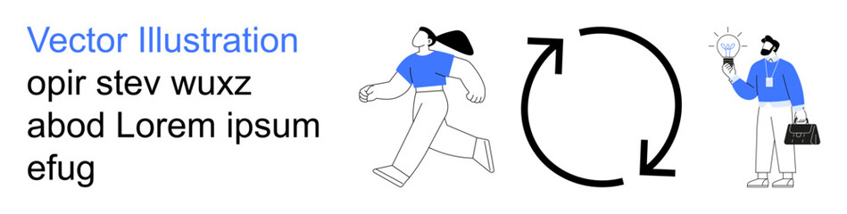 Fototapeta premium Business strategy, teamwork, workflow, innovation, idea generation, productivity. A person running, circular arrow icon and person holding a light bulb. Business strategy and teamwork concept
