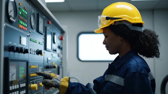 Professional African American Female Engineer Operating Industrial Control Panel in Power Plant or Control Room