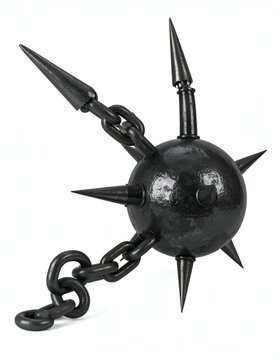 Medieval Flail Weapon with Spiked Ball and Chain on White.