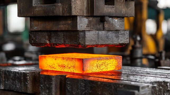 An engineer working with heavy duty hydraulic press shaping hot steel.
