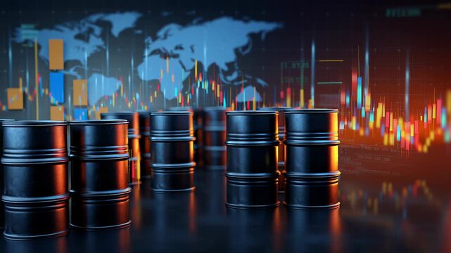 oil barrel world energy market analysis, stacked barrels with abstract global finance elements, modern business visual, Rows of oil barrels gleam under warm light. Digital charts pulse behind them 