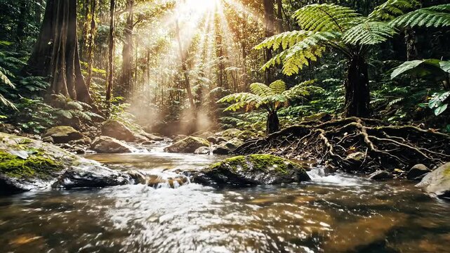 Sunlight Streams Through Lush Rainforest Canopy Onto Babbling Brook.