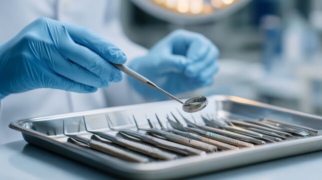 A dentist preparing dental implant tools on sterile tray. Concept of abutment and dental implant surgery.