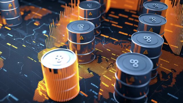 oil barrel world trade visualization, industrial energy barrels with subtle global commerce graphics, professional article illustration, Dark barrels stand on a glowing world map. Metal drums reflect 