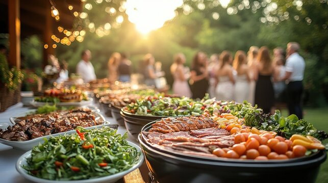 Outdoor buffet table with salads, sliced meats and fresh vegetables on platters at a sunlit garden party with guests mingling and warm festive string lights