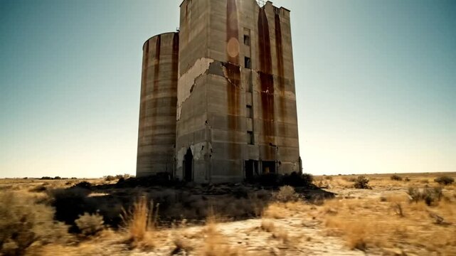 Weathered concrete grain silos in desolate rural landscape under bright sunny sky with a vast horizon