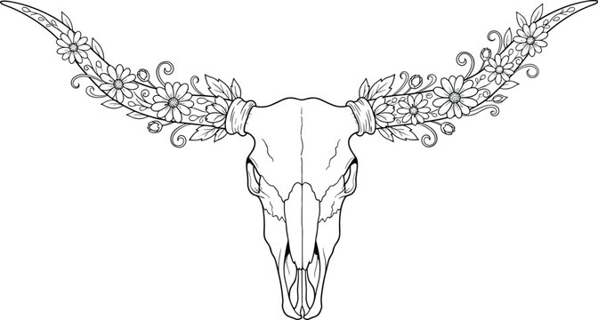 Decorative deer skull with floral antlers line art illustration, boho style animal skull design with flowers and botanical elements