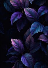 Fototapeta premium Vibrant Purple and Blue Leaves on Dark Background, Lush Botanical Illustration.