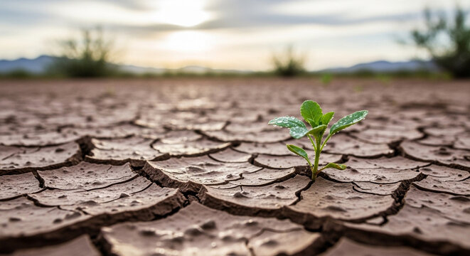 Resilient green sprout emerging cracked dry earth barren landscape sunset hope renewal life perseverance nature environment strength growth drought