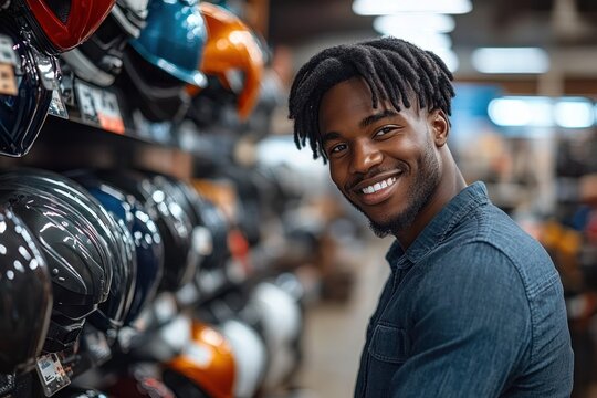 man in denim shirt browsing colorful motorcycle helmets on store shelf, thoughtful shopping moment
