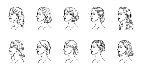 Fototapeta premium Collection of female profiles with varied hairstyles in simple line art