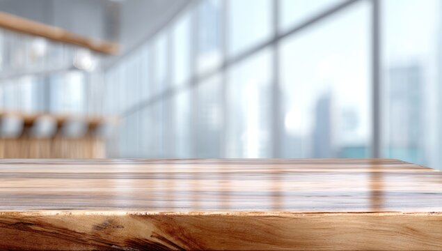 Empty Wooden Table Top with Blurred Modern Office Building Background.