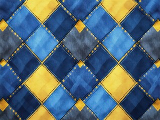 Fototapeta premium stitched diamond patchwork pattern in blue and yellow fabric with textured quilting and dashed seams, geometric argyle-like repeating design conveying cheerful vibrant energy