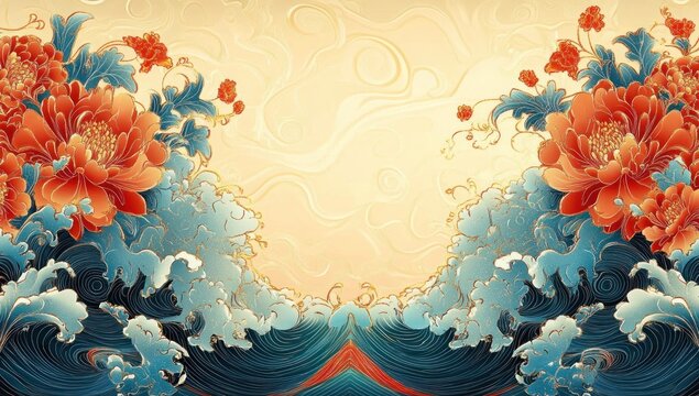 majestic symmetrical scene of curling stylized ocean waves framed by large red peony blossoms with blue foliage against a warm golden sky, serene and ornate