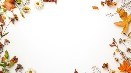 Obraz premium Autumnal Elegance: An artful arrangement of fall foliage gracefully frames a blank canvas, inviting creativity and showcasing the beauty of autumn season. 