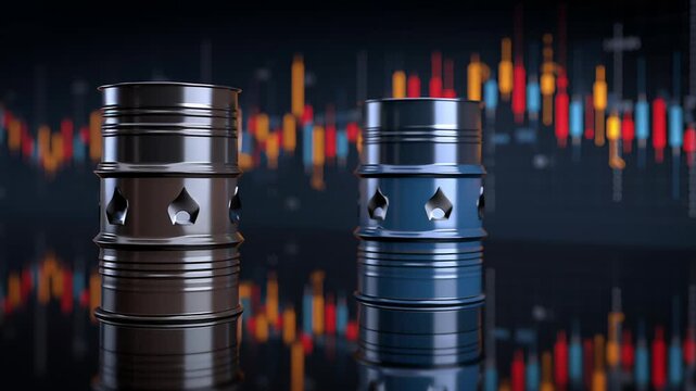 oil barrels and energy market trends, economic data visualization in background, professional commercial, Oil barrels stand in sharp focus against a blurred stock chart. Colors reflect economic 