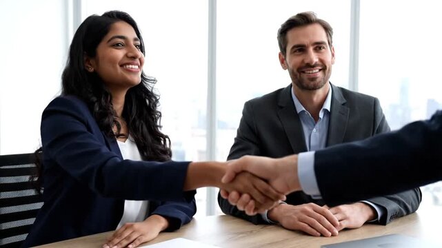 Professional Indian Businesswoman Shaking Hands with Partner during a Successful Meeting in a Modern Office