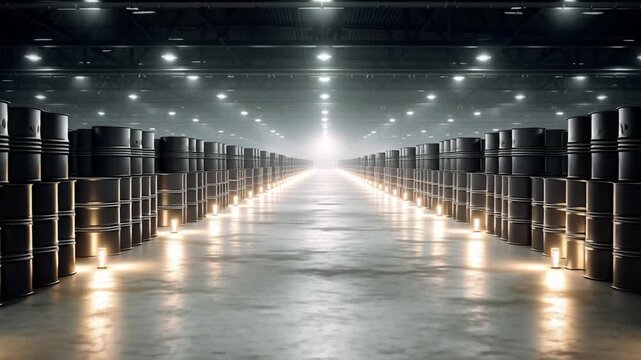 oil barrel storage system for crude oil, rows of barrels with warehouse atmosphere, professional energy industry visual, Rows of barrels line warehouse aisles. High ceilings and polished floors 