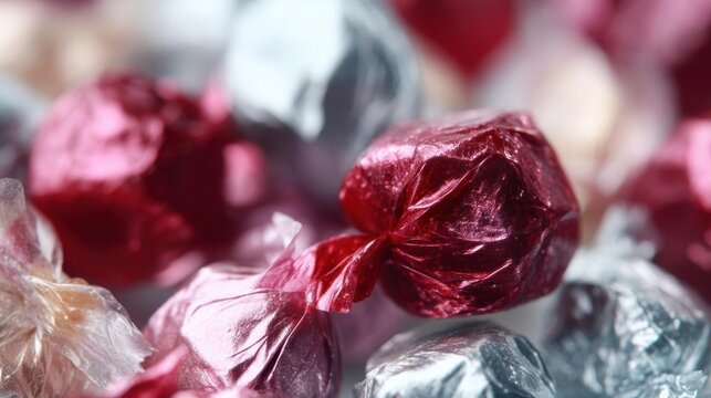 Close-up of a group of small, crumpled pieces of candy. the candy appears to be wrapped in a shiny, metallic foil, giving it a shiny and shiny appearance.