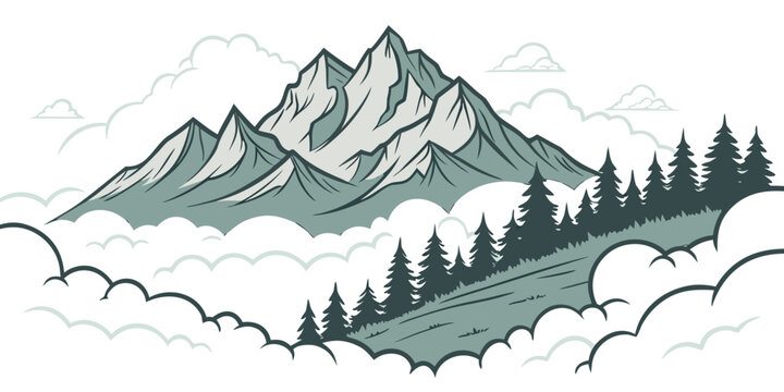 A mountain range with trees and clouds Vector