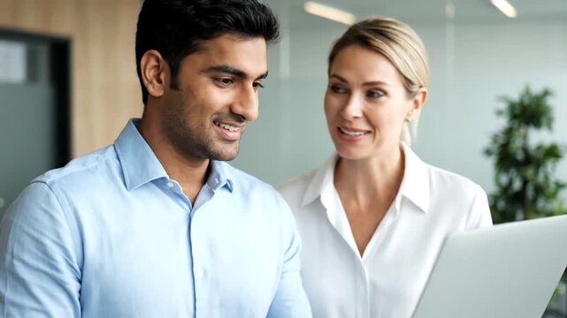 Two Corporate Colleagues Discussing a New Project on a Laptop in a Bright and Modern Professional Workspace