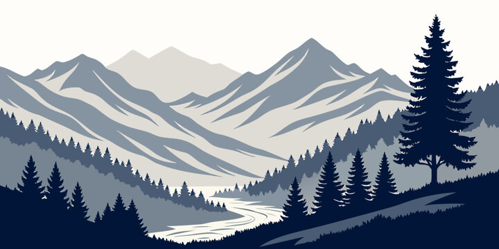 A mountain range with a river and trees Vector