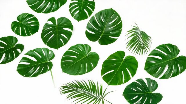 Pattern of tropical green monstera leaves and palm fronds on a white background
