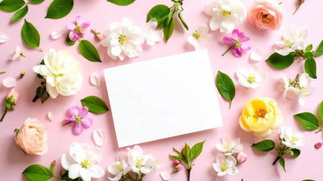 Blank Greeting Card Surrounded by Delicate Flowers and Green Leaves on Pink Background