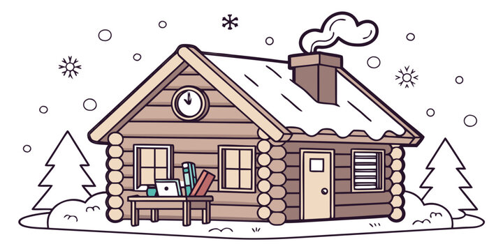 A cartoon log cabin with snow on the roof Vector