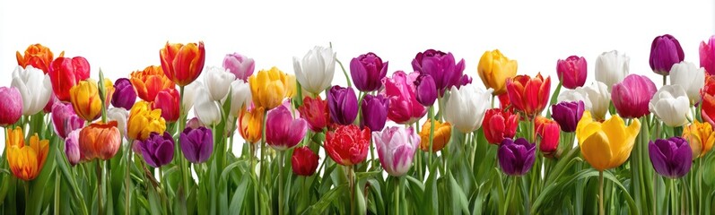 Obraz premium Vibrant Colorful Tulips in Full Bloom Against a Pristine White Background.