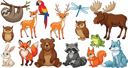Fototapeta premium Cute Forest Animals Cartoon Wildlife Character Collection Vector Illustration Set