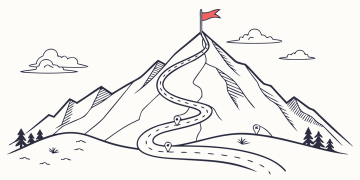 A mountain with a flag on top and a winding path Vector