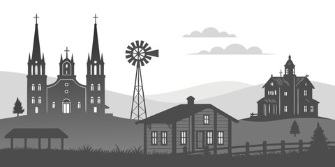 Fototapeta premium USA, US, U.S, United States - Cheyenne skyline western town silhouettes monochrome poster